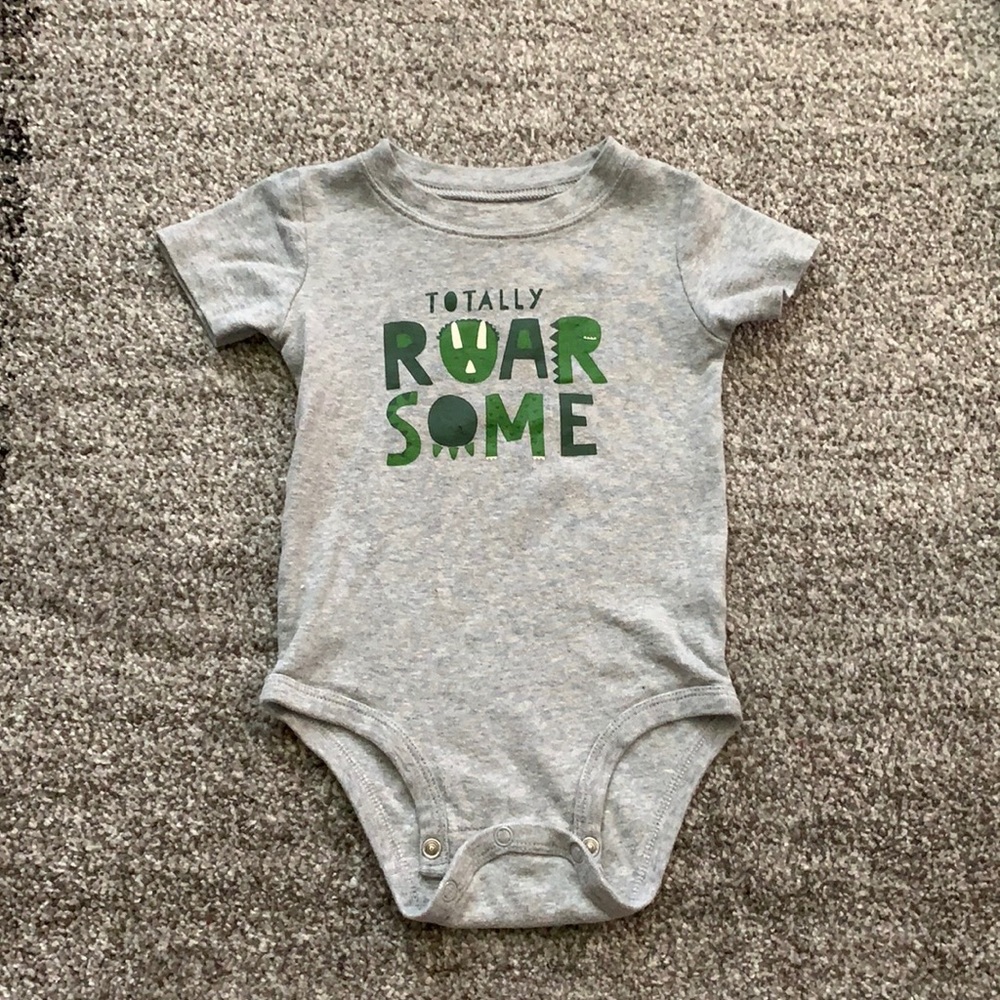 12M gray dinosaur baby onesie